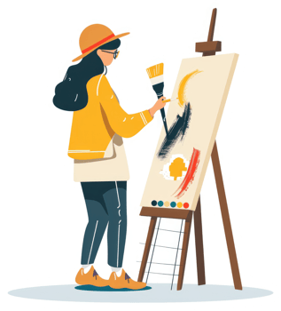 A young artist paints a vibrant abstract piece on an easel. png