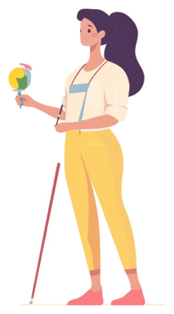 A visually impaired artist holding a globe and painting implements. png