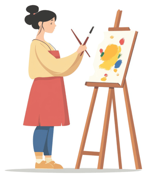 A young woman meticulously paints on an easel. png