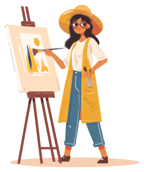 A young woman artist passionately paints a landscape on her easel. png