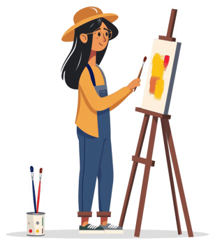 A young artist intently painting on an easel. png
