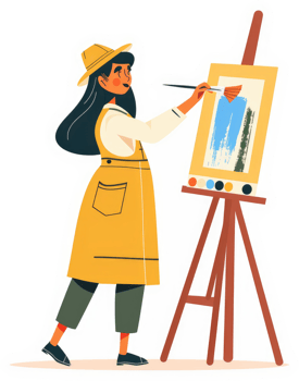 A young woman passionately paints on a canvas. png