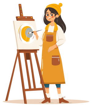 A young woman artist painting on an easel. png
