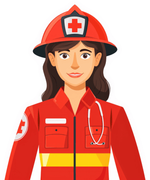 A female paramedic in a red uniform with a medical helmet. png