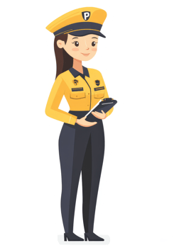 A smiling female security guard in a yellow uniform stands holding a clipboard. png