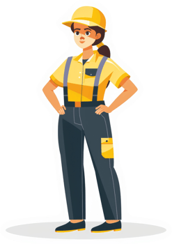 A female worker in safety uniform stands confidently. png