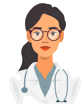 A female doctor in a white coat, wearing glasses and a stethoscope. png
