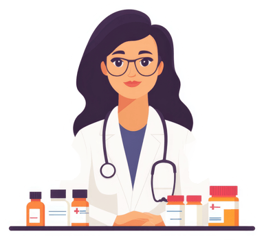 A female doctor in a white coat with a stethoscope, surrounded by medication bottles. png