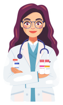 A friendly female doctor with a stethoscope and medical samples. png