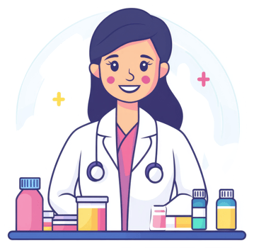 A friendly female doctor standing behind a counter with various medications. png