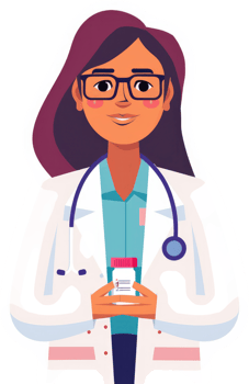 A female doctor in a white coat holding a medicine bottle. png