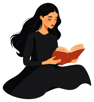 A serene young woman engrossed in reading a book. png