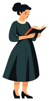 A woman in a dark green dress engrossed in reading a book. png