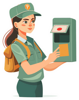 A park ranger interacts with a payment kiosk. png