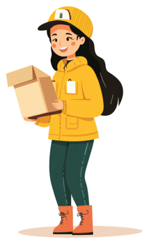 A cheerful delivery person in a yellow jacket holding a cardboard box. png
