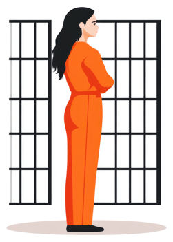 A woman in an orange jumpsuit standing behind prison bars. png