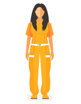 A woman wearing a bright orange jumpsuit with long dark hair. png