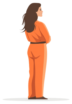 A woman in an orange jumpsuit stands, gazing into the distance. png