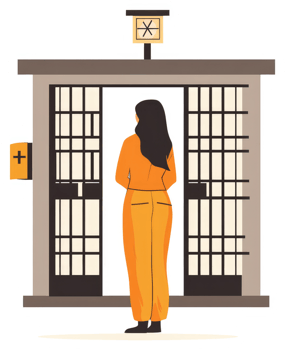 A woman in an orange jumpsuit stands before prison doors. png