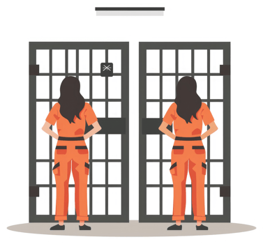 Two female prisoners stand behind bars, facing away from the camera. png