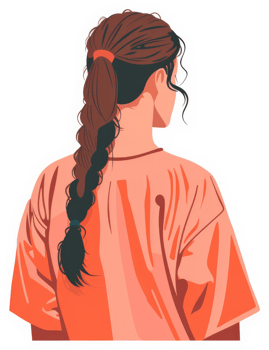 A stylized illustration of a girl with a braided ponytail and a peach-colored t-shirt. png