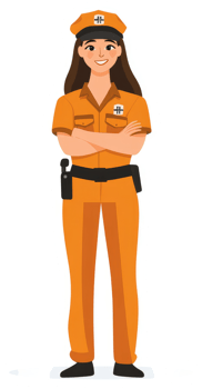 A female officer in an orange uniform with arms crossed. png