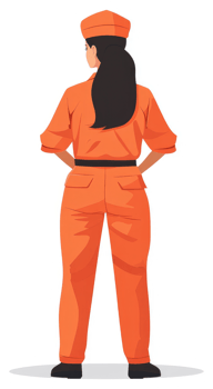 A woman in an orange jumpsuit, viewed from behind. png