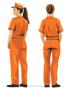 Two women in orange uniform, likely correctional or custodial. png