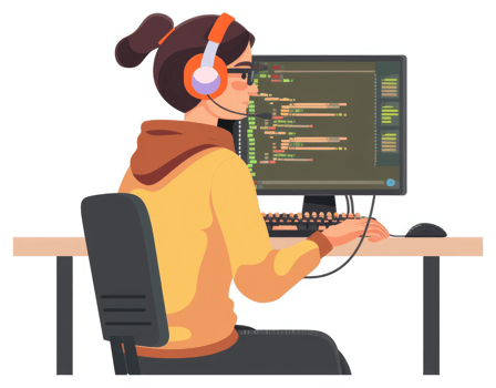 A person in a yellow hoodie working on a computer. png