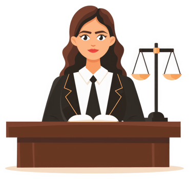 A female judge sits at her desk with scales of justice. png