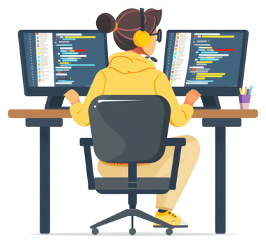 A female programmer works diligently on two computer screens. png
