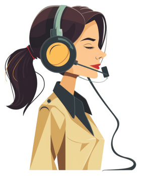 A woman wearing headphones and a headset, professionally dressed. png
