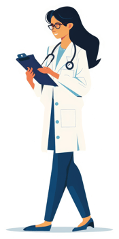 A female doctor wearing a white coat and eyeglasses, holding a clipboard and looking thoughtfully. png