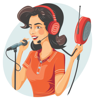 A smiling woman in an orange polo shirt, singing into a microphone, and wearing red headphones. png