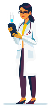 A female doctor in a white lab coat examining a medical sample. png