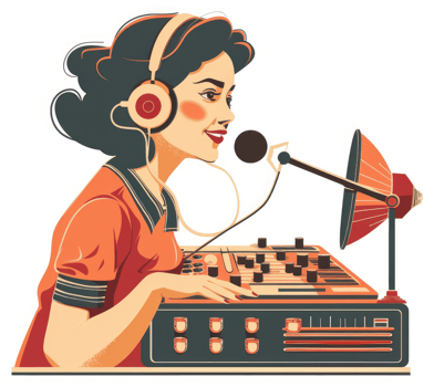 A retro-style illustration of a female radio broadcaster. png