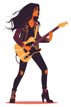 A stylized illustration of a woman playing an electric guitar. png