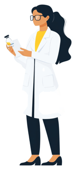 A female scientist examines a sample in a white lab coat. png