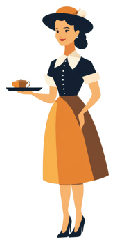 A vintage-style waitress serving a beverage on a tray. png