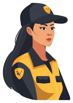 A female figure in a yellow and black protective uniform and a dark cap. png