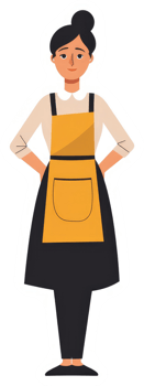 A smiling woman in a yellow apron stands confidently. png