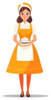 A cheerful woman in an apron holding a dish of food. png