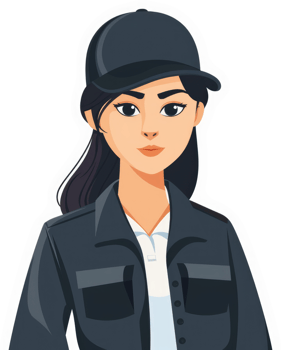 A confident female worker in a dark jacket and baseball cap. png