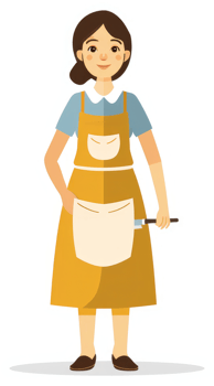 A cheerful woman in a yellow apron, holding a knife. png