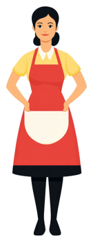 A smiling woman in a vibrant red apron. png
