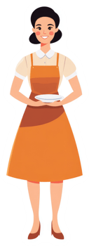 A friendly woman in an apron holding a plate. png