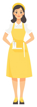 A cheerful cartoon woman in a yellow apron, ready to serve. png