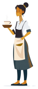 A woman in a uniform holding a tray with a steaming cup of coffee. png