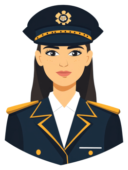 A female officer in a navy uniform with a gold insignia. png