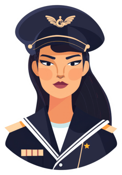 A determined asian woman in a navy uniform with aviator-style cap. png